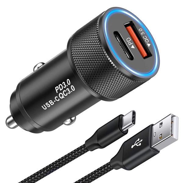 KP TECHNOLOGY Car Charger For Xiaomi Redmi 10C / Redmi Note 11 Pro 5G / Redmi Note 11 Car Charger USB C 18W PD QC 3.0 Fast Car Adapter Car Charger with [1.5M] Nylon Braided Charging Cable