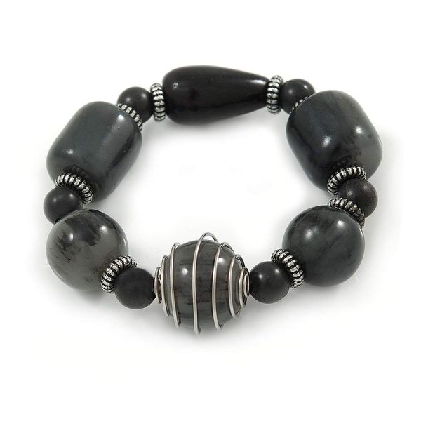 Avalaya Chunky Dark Grey Resin Bead Flex Bracelet - 17cm L