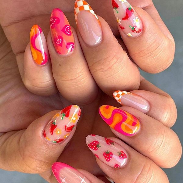 24Pcs Almond French Press on Nails Short, Cute Vegetable and Fruit Oval Acrylic Nails Glossy Fake Nails, Glue on Nails Summer False Nails with Designs Stick on Nails for Women