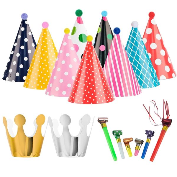 11PCS Party Hats,GWAWG Birthday Party Cone Hats Pom Poms and Crowns, 10pcs Party Blowouts, Paper Party Hats and Blowouts Set for Boys Gilrs Birthday Dress Up Party Decoration and Celebrations