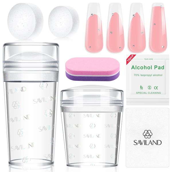 Saviland Nail Stamper Kit – 2+2 Colorful Glitter Nail Stamp and Replaceable Silicone Stamper Head Nail Scrapers Cleaning Pads French Tip Nail Tool Kit for Beginner DIY Nail Art Design Home Salon Use