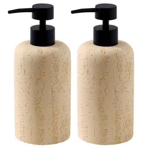 Haocoott Soap Dispensers 340ML 11OZ, 2PCS Luxurious Hand Dish Shampoo Lotion Soap Dispenser Jar, Travertine Soap Pump Bottles for Kitchen Bathroom Countertop (Faint Yellow)