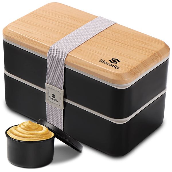 Sinnsally 1400ML Bento Box Lunch Boxes, Stackable Bento Lunch Box for Adults,Leak-Proof Lunch Container with Compartments,Japanese Style Lunchbox with Sauce Pot Cutlery Set,Microwaveable Safe