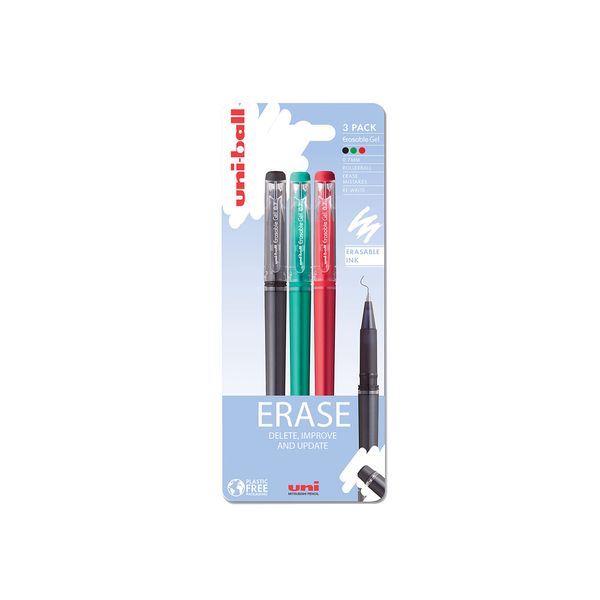 uni-ball UF-222-07 On Point Erasable Ballpoint Black, Green and Red Gel Pens. Premium 0.7mm Rollerball Tip for Smooth Handwriting. Easy-Retract Eraser for Secure and Stable Rubbing Out. Pack Of 3