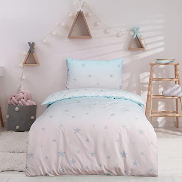 Sleepdown Kids Childrens Stars Ombre Metallic Multi Duvet Cover Quilt Pillow Case Bedding Set Soft Easy Care - Single (135cm x 200cm),5056242894131