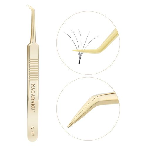 NAGARAKU Tweezers for Eyelash Extensions Gold Curved Angled Volume Cluster Super Light Weight Easy Fanning Tweezers Stainless Steel Precision (N-07)