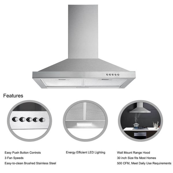 30 Inch Kitchen Wall Mount Range Hood Stainless Steel 500CFM LED Light