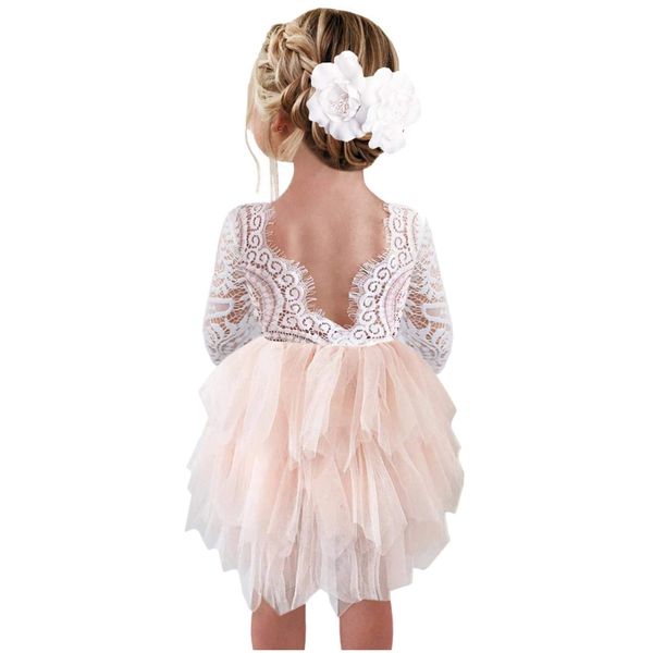 2Bunnies Girl Peony Lace Back A-Line Tiered Tutu Tulle Flower Girl Dress (Pink 3/4 Sleeve Short, 12M)