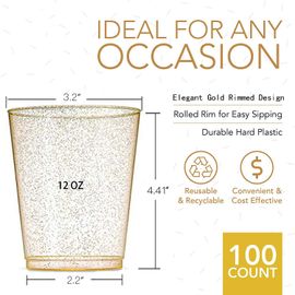 100 Pk 12 oz Clear Plastic Cups, Gold Rimmed Disposable Cups