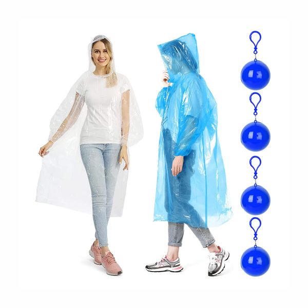 IRYNA 4Pcs Rain Poncho Disposable Raincoats for Men Women Kids, Portable Lightweight Blue and Clear Poncho Waterproof, Disposable Hooded and Widened Raincoat with Compression Ball and Hook