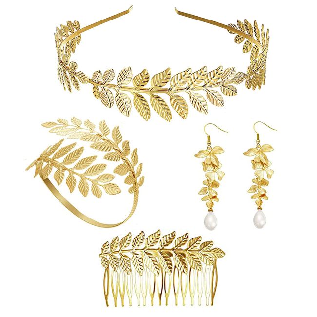 JeweBella 4 Stück Griechische Göttin Kostüm Schmuck Set Damen Gold Römischer Lorbeerblatt Krone Stirnbänder Armband Armreif Oberarm Perle Baumeln Ohrringe Hochzeit Braut Kopfschmuck Toga Party