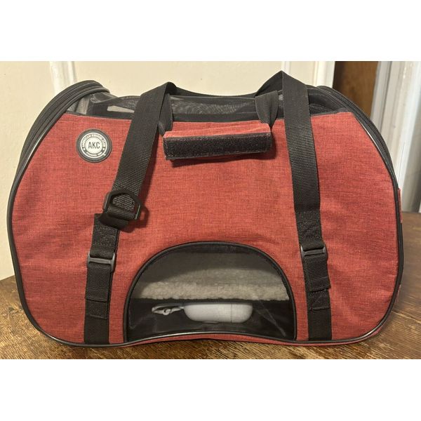 AKC Lightweight Pet Carrier Small Dogs Cats. Rust Red And Black. Shoulder Straps