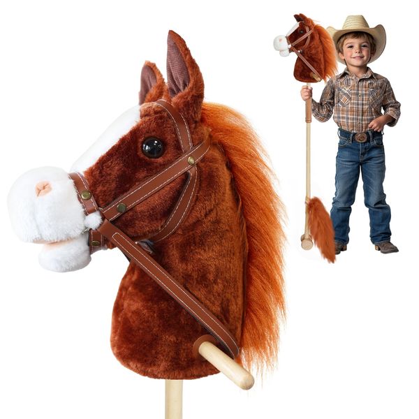 PLYFOU Plush Stick Horse with Wood Wheels Real Pony Neighing and Galloping Sounds Plush Toy, Stick Pony Provides Fun Pretend Play for Toddlers & Preschoolers (AA Batteries Required)