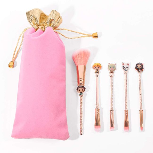 5 Stück Demon Slayer Make-up Pinsel Set mit Beutel, Anime Kollektion für Foundation Blush Lidschatten Gesicht Concealer Eyeliner Kontur Puder Liquid Eye,Pinsels mit rosa Beutel