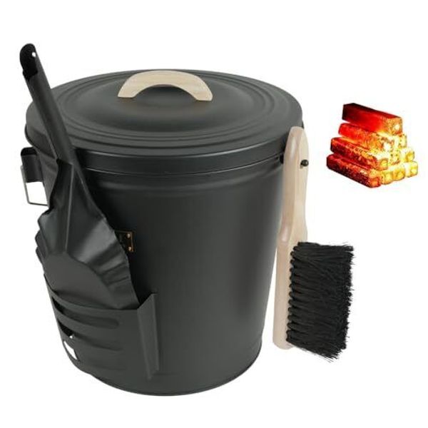 Ash Bucket With Lid And Shovel, Hand Broom And Gloves, 5.2 Gallon Large Metal