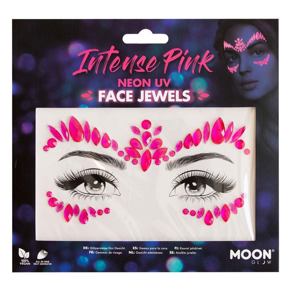 Neon UV Face Jewels by Moon Glow - Festival Face Body Gems, Crystal Make up Eye Glitter Stickers, Temporary Tattoo Jewels (Intense Pink)