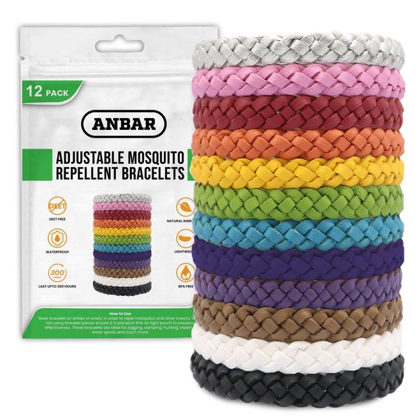 Anbar Leather Mosquito Repellent Bracelets for Adults and Kids, 12 Pack, Deet Free, All-Natural Anti-Mosquito, Tick, and Insect Essential Oils, 300-Hour Waterproof Outdoor Protection (Solid)