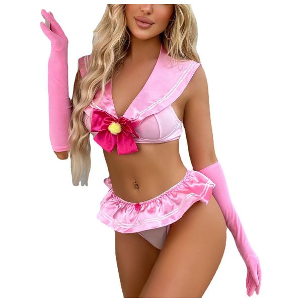 ROSVAJFY Women's Naughty Cosplay Outfits Deep V, Sexy Mini Sailor Roleplay Costume, Anime Cosplay Lingerie Set 4PCs, Sailor Collar Top+Mini Skirt+Thong+Gloves (Pink)