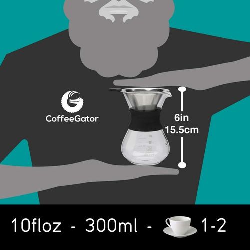 Coffee Gator Pour Over Coffee Maker - 10.5 oz Paperless, Portable, Drip Coffee Brewer Pour Over Set w/Glass Carafe & Stainless-Steel Mesh Filter, 300ml Black