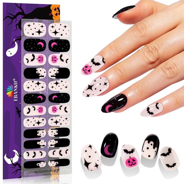 EBANKU Semi-Cured Gel Nail Strips, Halloween Nail Gel Strips, Nail Sticker Easy Apply for Salon-Quality Manicure Nail Art Stickers Wraps with Nail File and Nail Stick (Halloween Night)