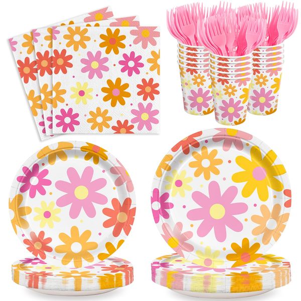 120pcs Groovy Daisy Paper Plates and Napkins Groovy Flower Party Supplies Groovy Daisy Retro Boho Cups for Birthday Baby Shower Wedding Theme Party Serve 24 Guests