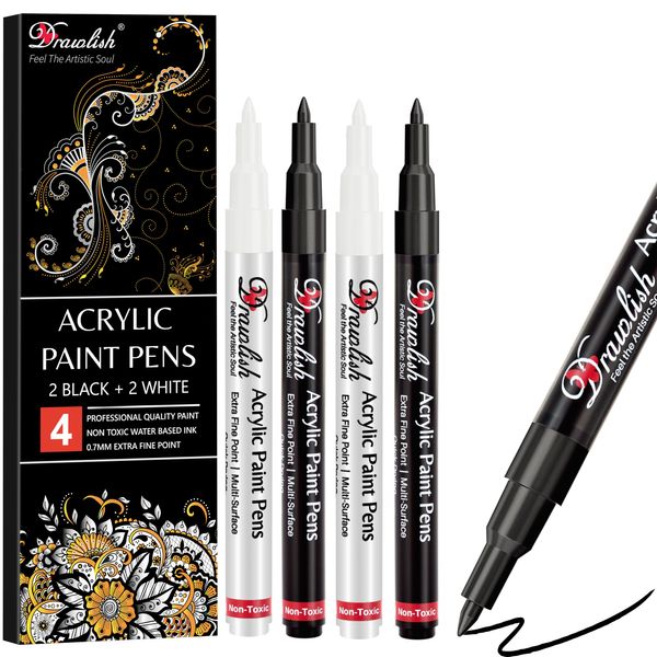 Drawlish Acrylic Paint Pens, Black & White Pen Set of 4 Glass Paint Markers 0.7mm Extra Fine Tip | Ideal for Wood, Fabric, Porcelain, Ceramic, Stone, Rock Painting and more