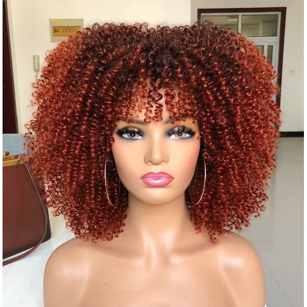 ISAMY 14inch Afro Bomb Curly Wigs for Black Women Short Afro Kinky Curly Wig with Bangs Full Curly Wig (Ombre Copper)