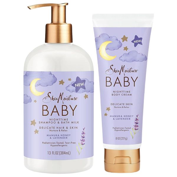 Shea Moisture Baby Care Set – Relaxing Nighttime Shampoo & Bath Milk + Nighttime Body Cream for Delicate Skin, Manuka Honey & Lavender (2 Piece Set)