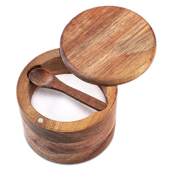 Acacia Wood Salt and Pepper Bowl, Nature Wood Salt Cellar and Spices Storage Box With Built-in Spoon and Magnetic Swivel Lid (Single Compartment)