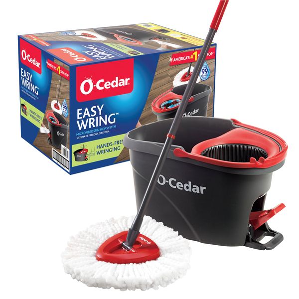 O-Cedar EasyWring Microfiber Spin Mop, Bucket Floor Cleaning System, Red, Gray