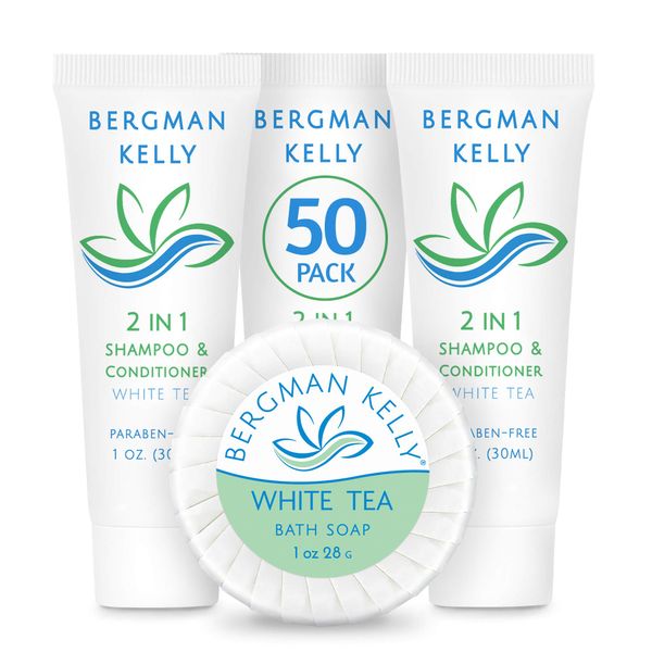 BERGMAN KELLY Round Soap Bars, 2in1 Shampoo & Conditioner 2-Piece Set (White Tea, 1 oz each, 100 pc), Delight Your Guests with Revitalizing & Refreshing Sanitary Toiletries & Hotel Amenities