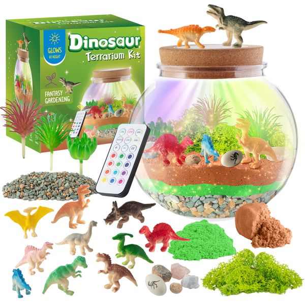 Dinosaur Gifts for Boys - Dinosaur Light-Up Terrarium Kit for Kids - Birthday Gift for Boys Ages 4 5 6 7 8-12 Year Old - DIY Dinosaur Toys for Boys - Arts and Crafts Kit for Kids