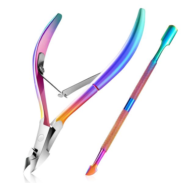 Cuticle Nipper with Cuticle Pusher, Easkep Cuticle Remover Kit Cuticle Cutter Professional Stainless Steel Double Ended Cuticle Srimmer Pedicure Manicure Tools for Fingernails and Toenails (Rainbow)