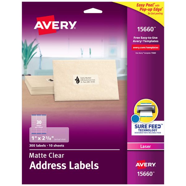 Avery Printable Address Labels for Laser Printers, 1" x 2-5/8", Matte Clear, 300 Blank Mailing Labels (15660)