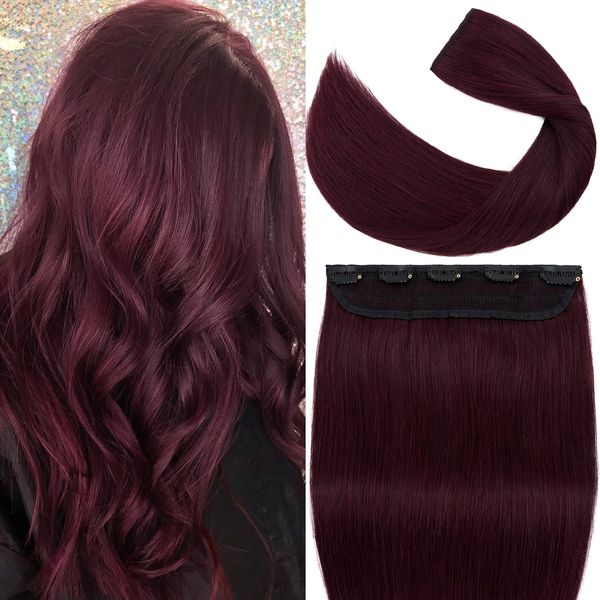 S-noilite One Piece Clip in Hair Extensions Real Human Hair One Piece/5 Clips 3/4 Full Head-Thicker Hair One Piece Hair Extensions Clip in Human Hair One Hair Weft (20"-95g,#99J Wine Red)