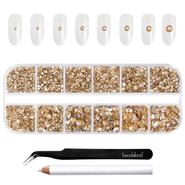 Beadsland Rhinestones for Makeup,8 sizes 2500pcs Gold Flatback Rhinestones Eye Gems for Nails Crafts with Tweezers and Wax Pencil,Golden Shadow,SS4-SS30