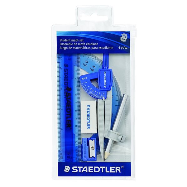Staedtler Student Math Set, 6 Pieces, Compass, Protractor, Ruler, Pencil, Eraser and Sharpener, Zippered Pouch