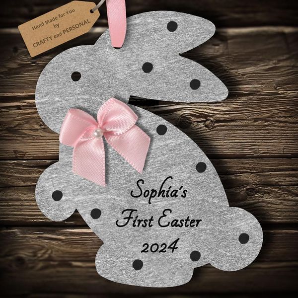Multi-Colour Personalised Baby's 1st First Easter Bunny Rabbit Wooden Hanging Gift Plaque (Silver #2)