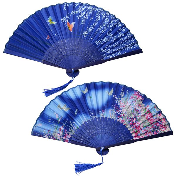 KEYIDO 2 Pcs Folding Hand Fans for Women Silk Fabric and Hollow Carved Bamboo Traditional Fans Chinese Style Hand Fan with Tassels for Wall Decoration Wedding