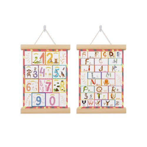 2 Pack Canvas Alphabet Numbers Hanger Posters, Wall Art Decor with Wooden Frames, Preschool Wall Art with Wooden Frames, Educational Alphabet Poster for Nursery Classroom, Kids Room, 12 x 16 inch Set of 2
