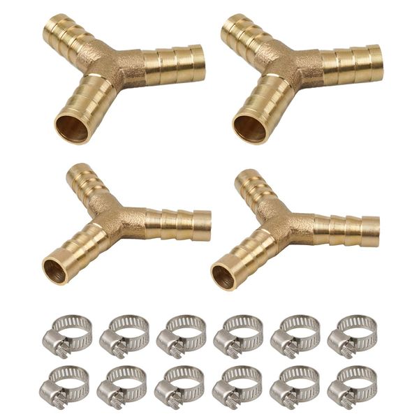 YEYIT 16Pcs Y-shaped Brass Three-way Hose Barb Joints Fuel Hose Connector (8mm,10mm) Adjustable 304 Stainless Steel Pipe Clamps(10mm-16mm) Kits, for Fuel Air Water Gas Oil Diverter Fuel Hose Joints