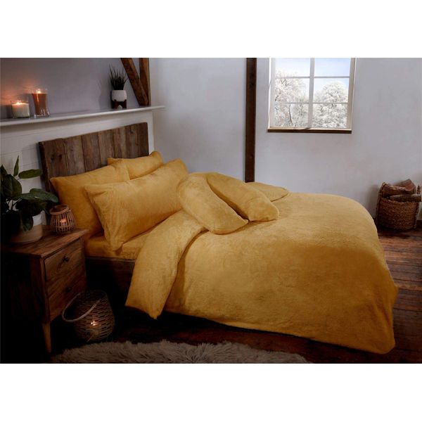 Littens Luxury Ochre Yellow Mustard Teddy Fleece Fur Soft Cosy Double Bed Size Duvet Quilt Cover Set Including Pillowcases, Bedding, Linen, Thermal Warm Energy Efficient (200cm x 200cm)