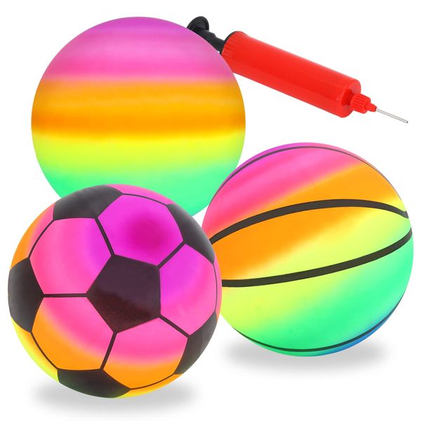 Gukasxi 3 Pcs Inflatable Beach Ball with Pump, Inflatable Sport Balls Football Basketball Rainbow Ball Outdoor Playground Garden Bouncy Beach Balls Toy Summer Games for Kids Boys Girls and Adults