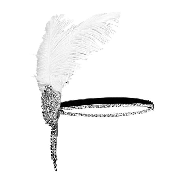 Positive Costume Great Gatsby Flapper Headband Elegant Crystal Rhinestone Flower Tassels 1920s Vintage Hairband Old Hollywood Glam Headpiece (White)