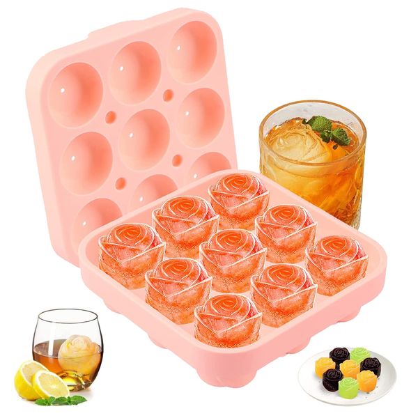 Silikon Eiswürfelform Rose, 9-Fach Ice Cube Tray 3D Rosen Eiswürfelbehälter mit Deckel, Wiederverwendbare Eiswürfelformen BPA-Frei für Eis, Whiskey, Cocktail, Saft, Kaffee Eiskugelform (Rosa)