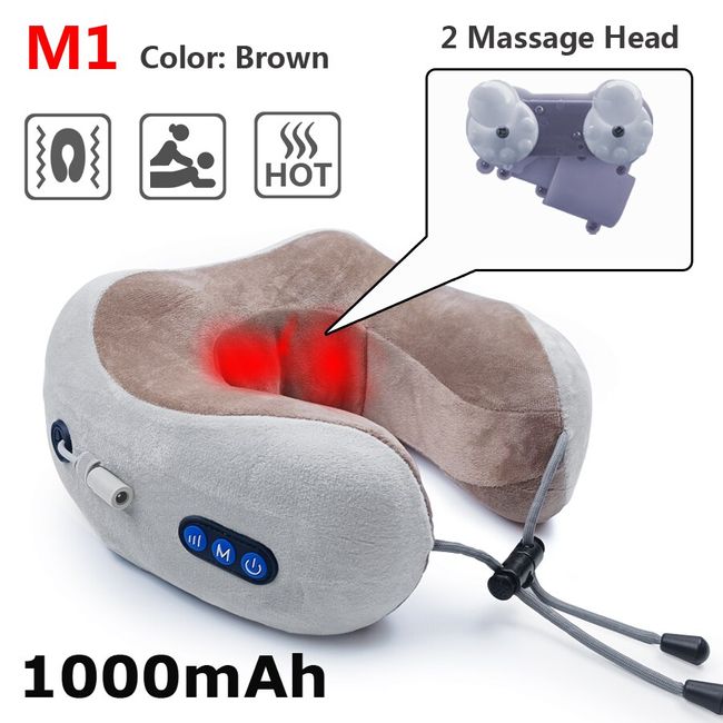 Portable Rechargeable U-Shaped Massage Pillow Car Cervical Massage Pillow,  Neck Pillow Home, Travel, Office (Brown)