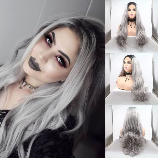 Ombre Gray 2 Tones Synthetic Lace Front Wig Dark Roots Long Loose Wave Silver Grey Replacement Hair Wigs For Women Heat Resistant Fiber Hair Half Hand Tied (24 Inch, loosewave/lace front wig)