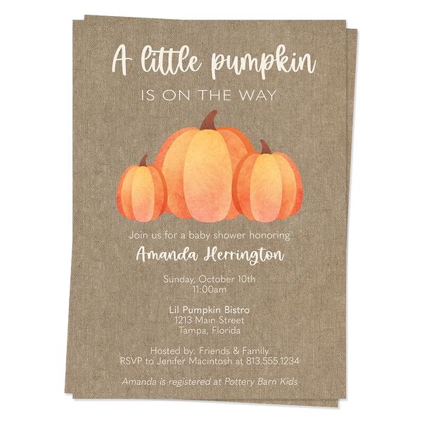 Pumpkin Baby Shower Invitations Lil Burlap Autumn Sprinkle Invites Fall Halloween Gender Neutral Unknown Surprise Unisex Boys Girls Tan Orange Invites Customized Printed Cards (12 count)