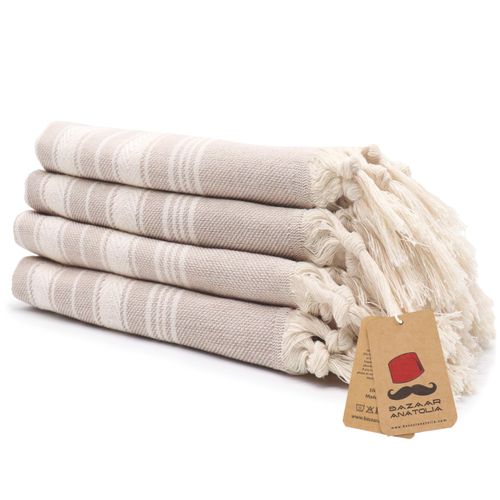 Bazaar Anatolia Hand Towels - Set of 4 | 39" x 19" - Decorative Turkish Hand Towel for Bathroom, 100% Cotton, Kitchen, Face, Hair, Tea, Dishcloth, Guest Towels Cream - Stripe Beige