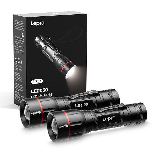 Lepro LED Taschenlampe, LE2050 Extrem Hell, mit Clip, Zoombare Handlampe mit 5 Modi, Wasserdichte Flashlight für Camping, Outdoor, Wandern, Angeln, Geschenk, 2 Stück